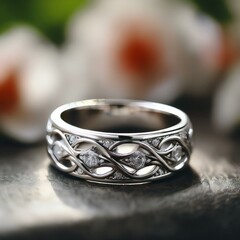 A stunning silver ring with an elegant design, featuring a polished finish and intricate details, set against a soft, blurred background to highlight its beauty
