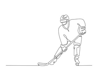 Continuous line art drawing of ice hockey player illustration. Hockey player in one line drawing design. Editable stroke.