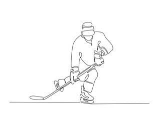Obraz premium Continuous line art drawing of ice hockey player illustration. Hockey player in one line drawing design. Editable stroke.