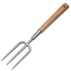 Durable gardening hand fork featuring a wooden handle and metal prongs, isolated. gardening