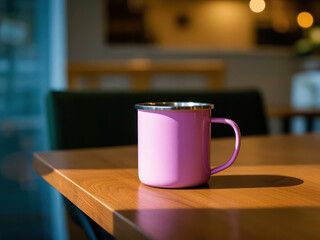 Fototapeta premium Magenta Stainless Steel Mug Mockup on Wooden Table in Cozy Cafe Interior
