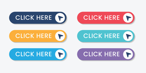 Fototapeta premium Click here arrow button click icon. Click here web button. Web button with arrow pointer action. Click here ui button concept.