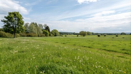 A lush green grassy field stretching as far as the eye can see with a few scattered wildflowers and trees in the distance, rural, idyllic, calm, natural landscape, trees