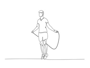 Continuous line art drawing of young man jumping with skipping rope. Cardiovascular exercise by jumping with skipping rope line art drawing vector illustration. Editable stroke.
