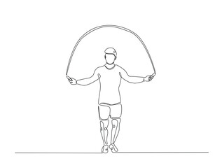 Continuous line art drawing of young man jumping with skipping rope. Cardiovascular exercise by jumping with skipping rope line art drawing vector illustration. Editable stroke.