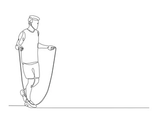 Continuous line art drawing of young man jumping with skipping rope. Cardiovascular exercise by jumping with skipping rope line art drawing vector illustration. Editable stroke.