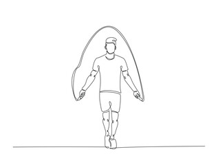 Continuous line art drawing of young man jumping with skipping rope. Cardiovascular exercise by jumping with skipping rope line art drawing vector illustration. Editable stroke.
