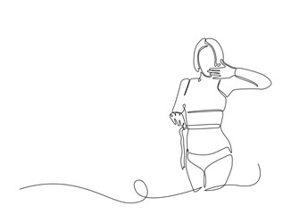 Continuous line art drawing of woman dieting concept. Pretty girl with tape measure around her body in one line drawing illustration. Editable stroke.