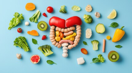 Colorful Arrangement of Fruits, Vegetables, and Digestive System Model on Blue Background