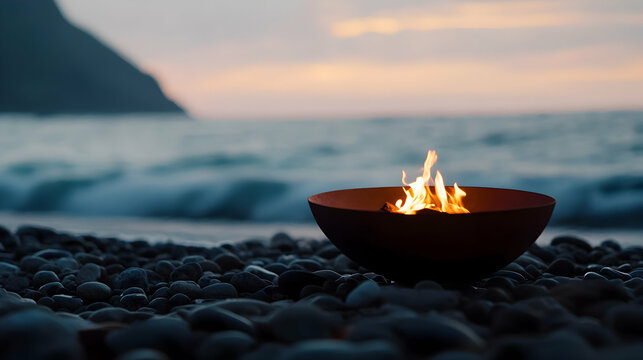 Seaside tranquility a fire pit casts a warm glow on a serene pebble beach at dusk