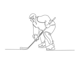 Continuous line art drawing of ice hockey player illustration. Hockey player in one line drawing design. Editable stroke.