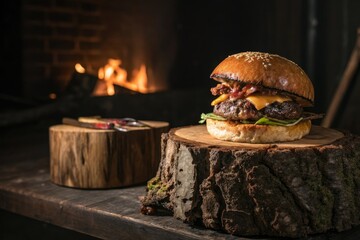 A massive beef burger sits atop a burning log on a dimly lit surface, flames rising, juicy patty, warm glow