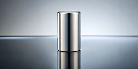 Reflective cylindrical metal object on a sleek surface, studio lighting emphasizing its polished sheen and smooth texture