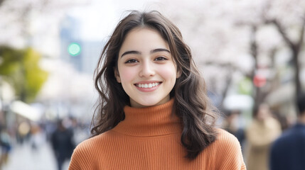 Arabian woman in necks long sleeves smiling enjoying spring on street with cherry blossom