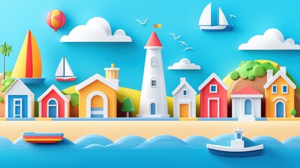 Obraz premium Colorful Coastal Landscape with Lighthouse, Sailboats, and Beach Scene in Paper Cut Style