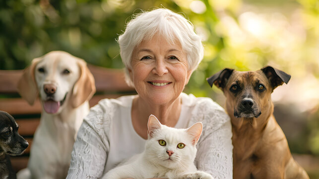 Happy Senior Woman Surrounded by Dogs and a Cat in a Green Garden
