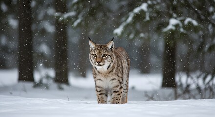 Lynx Walking Through Snow-covered Winter Forest During a Snowfall