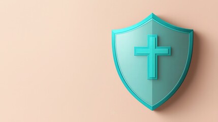 Fototapeta premium A stylized turquoise shield with a cross symbol, set against a soft beige background, representing faith and protection.