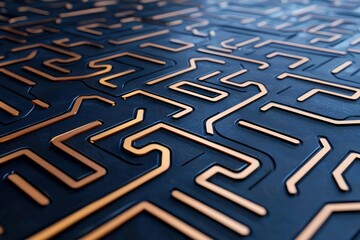Abstract circuit board pattern with golden lines on dark blue background representing technology and connectivity