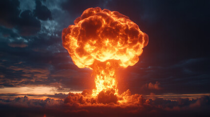 surreal cinematic close up of massive explosion, showcasing vibrant orange and yellow flames against dark, cloudy sky, evokes sense of awe and intensity