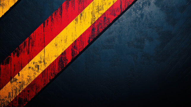 Stylized red and yellow diagonal stripes on textured dark background create striking visual. bold colors and design evoke sense of caution and alertness