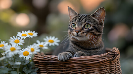 Cute cat sitting in basket with flower
