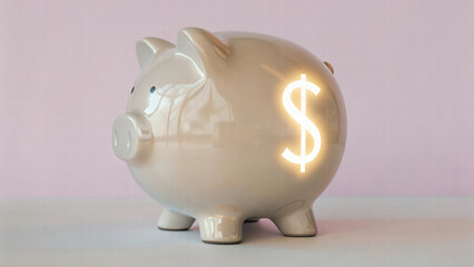 digital piggy bank with round form, shimmering with dollar sign, symbolizes savings and financial growth. Its glossy surface reflects light, creating inviting appearance