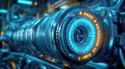 Fototapeta premium Close-up view of futuristic machine lens with glowing details.