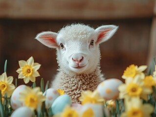 Fototapeta premium Easter celebration lamb among daffodils and colorful eggs spring garden cute animal photography cheerful vibe