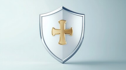Obraz premium A shiny shield with a golden cross symbol, representing protection and strength, set against a soft, light background.