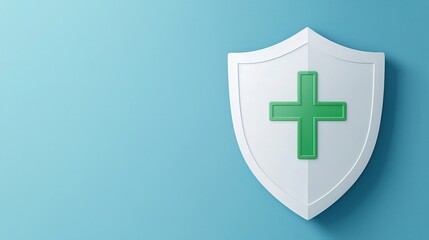 Obraz premium A green cross emblem on a white shield against a soft blue background, symbolizing health and protection.