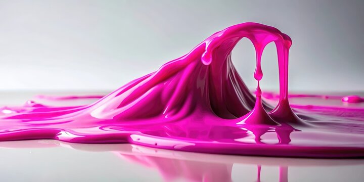 A puddle of vibrant fuchsia slime drips slowly onto a pristine white surface, leaving behind a trail of colorful goo, isolated, dripping, colorful spill, white background, creative mess