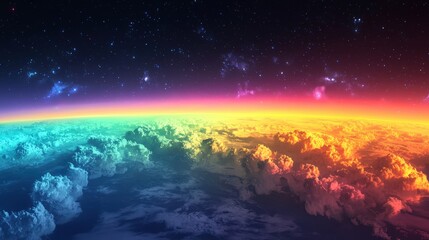 Fototapeta premium Eco-Friendly and Carbon Neutral Solutions for Climate Action. Vibrant cosmic scene with rainbow colors over a cloud-covered planet.