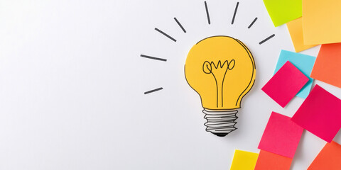 light bulb illustration with colorful sticky notes on white background symbolizes creativity and ideas. This vibrant setup inspires innovation and brainstorming