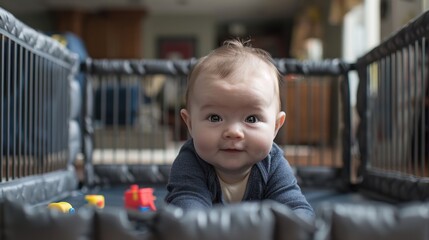 Playpen: A secure, portable space where babies can safely explore, crawl, and play, often filled with toys and activities for added fun.
