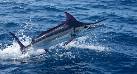 Marlin Fish Jumping Out of Ocean Water with Splashes and Dark Fins