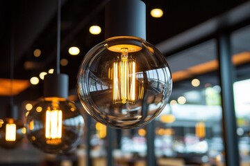 Elegant glowing edison bulbs illuminating a modern interior space creating a warm ambiance with soft light and dark ceiling in a contemporary style