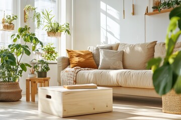Serene living room interior with natural light and indoor plants creating a calm and inviting atmosphere bright home decor