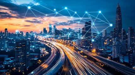 Obraz premium A utopian city of floating structures above an illuminated futuristic highway, with copy space.