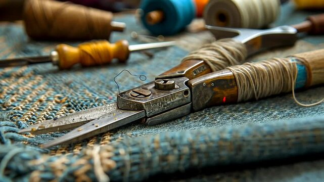 Close-up of vintage scissors on a woven fabric with sewing tools in the background, showcasing craftsmanship