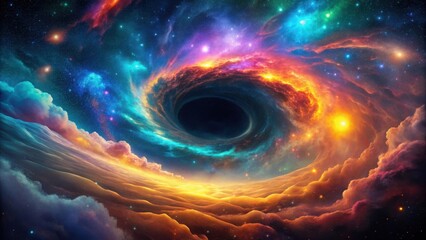 Obraz premium Cosmic Vortex Above a Dreamlike Landscape of Golden Clouds and Nebulous Stars