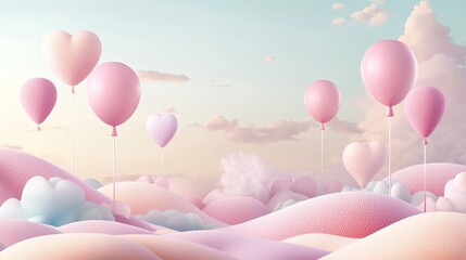 A whimsical 2D dreamland with candy-colored hills and floating balloons, with copy space.