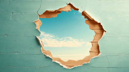 hole in turquoise wall reveals bright blue sky with clouds, creating sense of openness and possibility