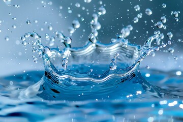 Closeup of a water droplets impact, creating a crownshaped splash with numerous smaller droplets suspended in the air. The water is clear and reflects light.