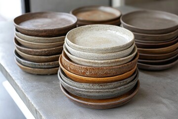 A collection of beautifully crafted ceramic plates stacked together, showcasing earthy tones and textures, ideal for any dining setting.