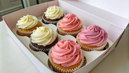 A box of assorted cupcakes with different colors of pink buttercream frosting and wrapped in decorative paper, colorful packaging, gift wrapping ideas, baked goods, pink buttercream cupcakes