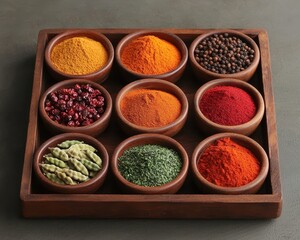 A wooden tray holds nine small bowls filled with various colorful spices, showcasing a vibrant array of textures and hues in culinary presentation.