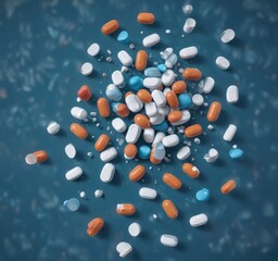 A bundle of antibiotic pills or capsules is shown falling from the top down onto a blue background, creating a sense of chaos and disarray, falling object, motion blur