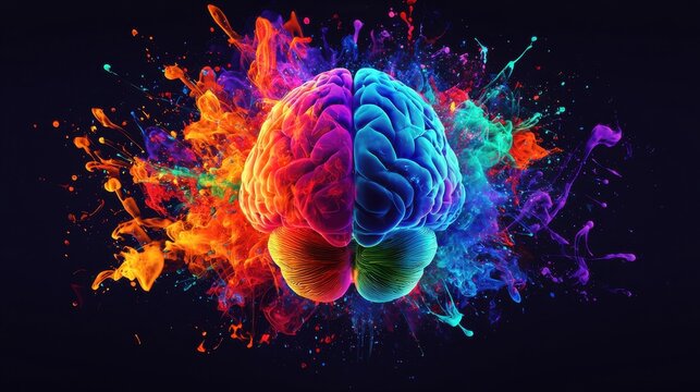 A vibrant, colorful representation of a brain, split into two halves, symbolizing creativity and analytical thinking against a dark background.