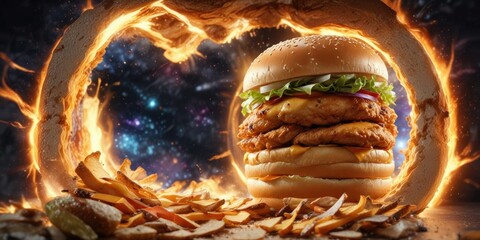 A chicken burger disappearing into a glowing wormhole , movement, transition